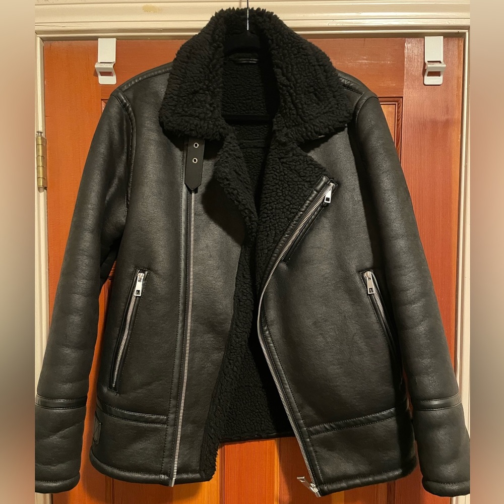 Zara Men’s Faux Leather Jacket Shearling Lined Black Medium